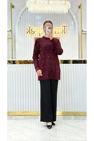 Nefise Angora Önü Taşlı Baklavalı Bisiklet Yaka Tunik