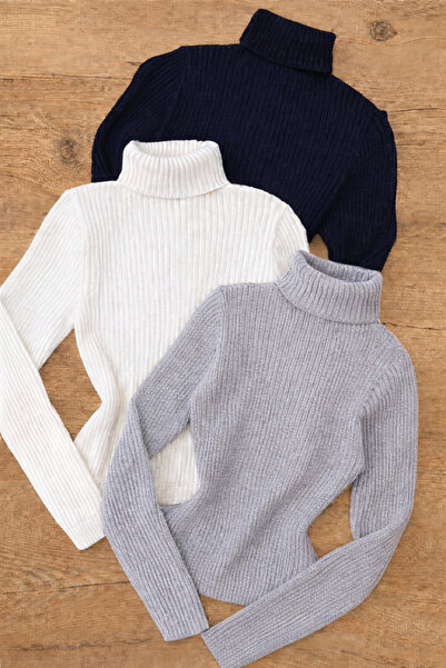 ÖZ PAMUK 3 ADET Tam Boğazlı Yaka Örme Kaşkorse Mevsimlik Uzun Kazak