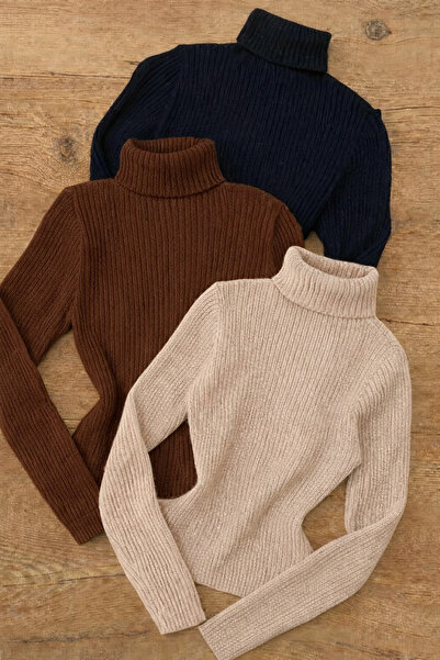 ÖZ PAMUK 3 ADET Tam Boğazlı Yaka Örme Kaşkorse Mevsimlik Uzun Kazak