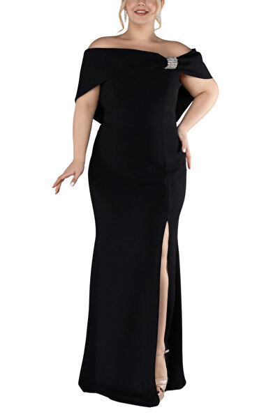 Arden Plus Size Long Evening Dress, Boat Neck Rhinestone Brooch, Slit Dress Fish Form Chic Wedding Party Dress 46-52