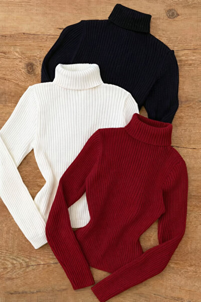 ÖZ PAMUK 3 ADET Tam Boğazlı Yaka Örme Kaşkorse Mevsimlik Uzun Kazak