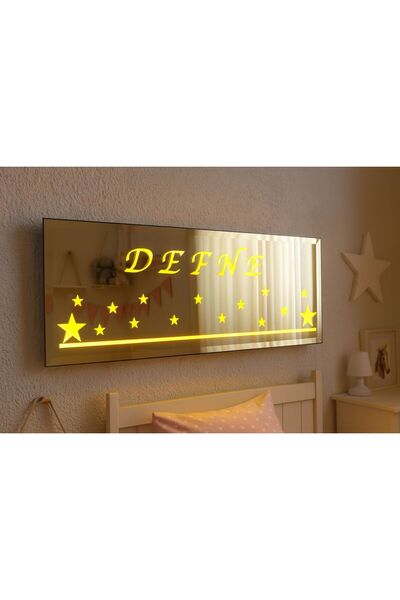 Digital Kişiye Özel İsimli Ayna, LED Işıklı Bronz Duvar Aynası, 60x20 cm Dekoratif Ayna