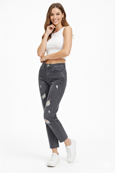 ModamarkReal Women's High-Waisted Boyfriend/Mam Jeans with Ripped Details