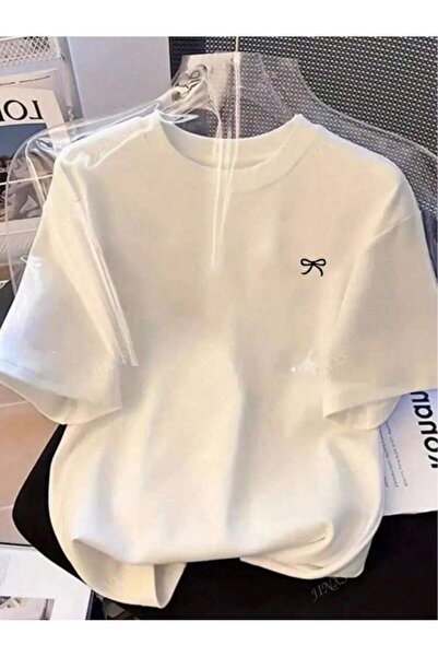 EYAX MODA MİNİK KURDELE BASKILI OVERSIZE TİŞÖRT