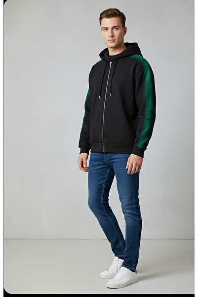 ARDSU Мъжка черна и неонова зелена раирана суитшърт с качулка и цип отпред