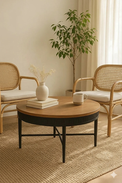 NZONE STORE Round wooden coffee table with a black decorative edge and base.