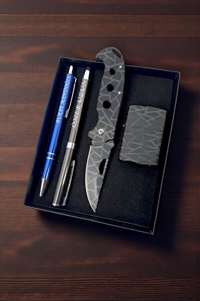 SürLaz 4 Parça İsme Özel Set 2 İsme Özel Tükenmez Kalem Gravür Desenli Katlan...