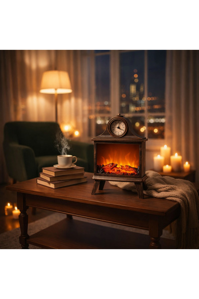 CEZVE HOME Dekoratif Alev Efektli Ayaklı Şömine Masa Saati -Şarjlı