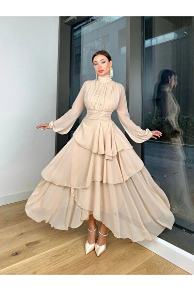 Dilek Vardar Bej Kadın Şifon Kat Etekli Tül Kollu Piliseli Uzun Elbise