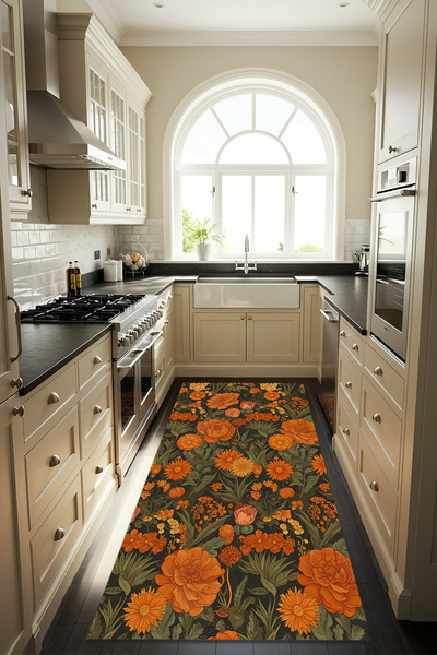 Etnik Dekor Botanik Gül Desenli Dijital Baskı Kaymaz Taban Makinede Kolay Yık...