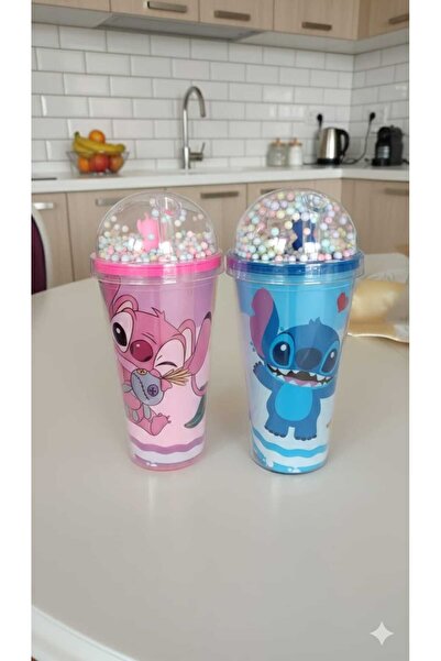 JASMİNLİFE Disney Stitch Pipetli Bardak. Çift Duvarlı BPA içermeyen Sert Plas...