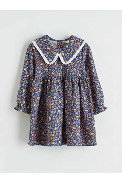 LC Waikiki Rochie pentru fetiță cu model de flori guler tip Peter Pan bleumarin