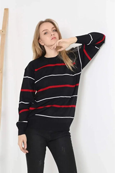 Kanonik Education    Unisex Thin Striped Crew Neck Knitwear Sweater - Black