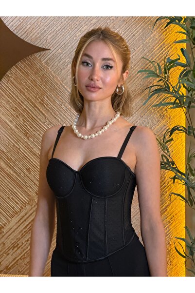 MODA Kadın Siyah Taş Detaylı Korse Büstiyer