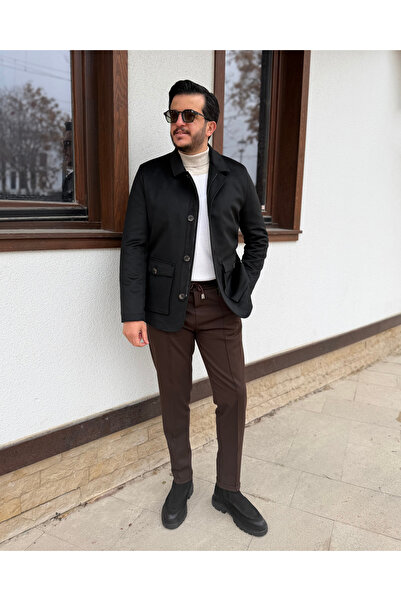 Avni Ceylan Men's Zippered & Buttoned Black Cashmere Coat