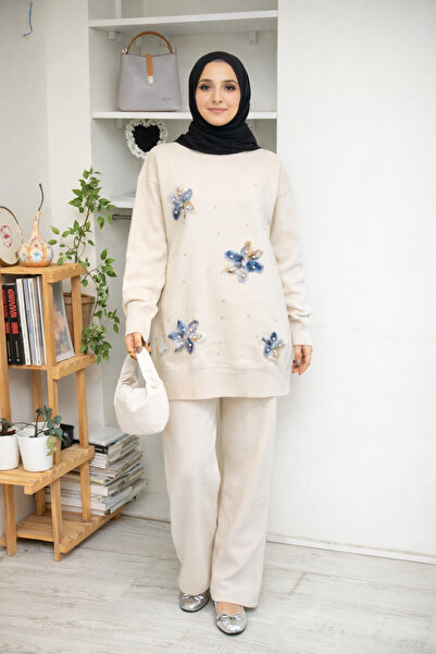 OLİAWEAR Kadın Çiçekli Kışlık Triko Pantolonlu Takım Tesettür Kombin