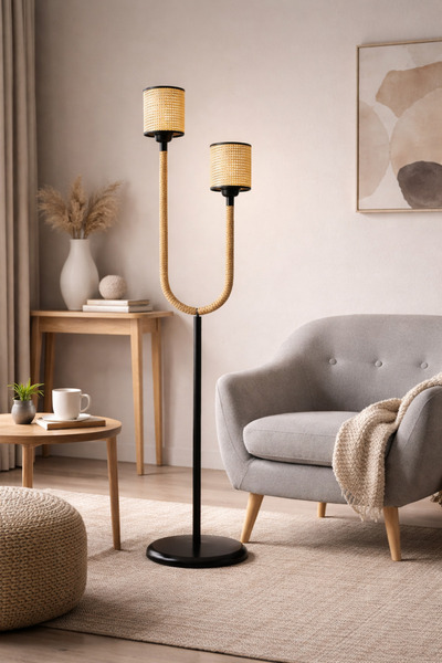 Alldesco Palmera Dekoratif İkili Lambader – Halat Kollu, Bez Şapkalı, Güvenli...