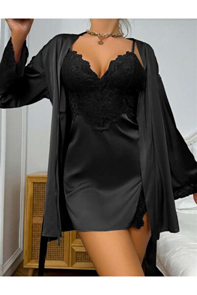 Genel Markalar Litae Dantel İşlemeli İnce Askılı Siyah 2li Saten Gecelik Saba...