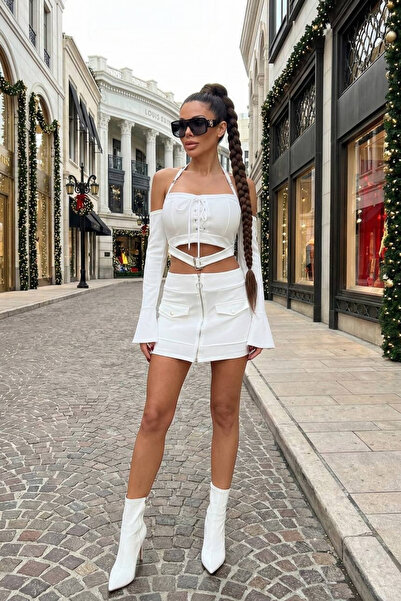 Afitapbutikmoda Kare Yaka Kuş Gözü Crop Fermuarlı Şort Etek Takım