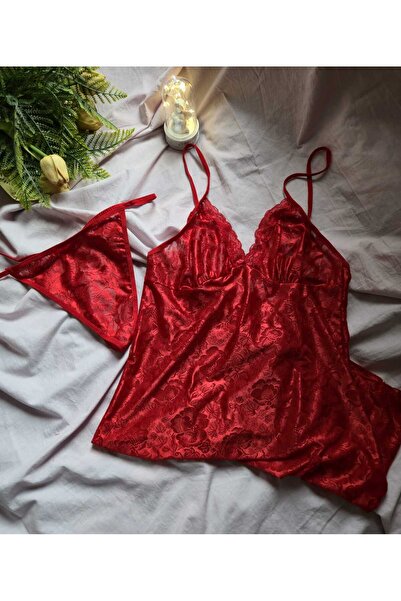 SWL Yırtmaçlı Dantel Detaylı Tangalı 2'Li Gecelik