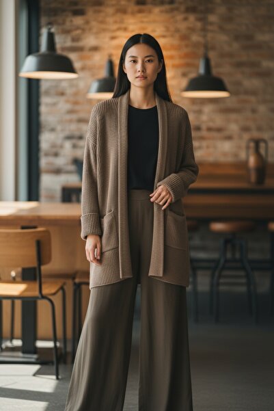 Yame Thick Knitted Double Pocket Midi Length Knitwear Cardigan