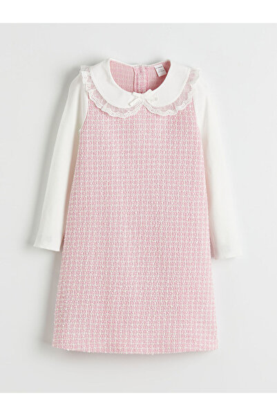 LC Waikiki Rochie din tweed pentru fetiță, roz guler tip Peter Pan cu model î...