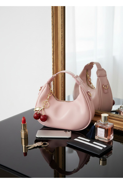 Çanta Trend Mina Model Powder Color Women's Bag with Charm Gift, Suitable for Leather-Look Hand and Crossbody Uses