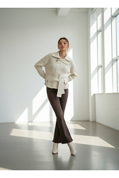 VETTA Zippered Belted Buttoned Wool Thick Knit Cardigan