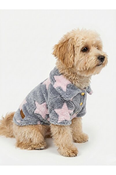 Premium Yıldız Desenli Welsoft Kedi Köpek Ceketi - Yakalı, Tasma Delikli Küçük Irk Mont