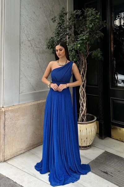 My Loore Kadın Saks Mavisi Tek Omuz Uzun Abiye Elbise | Özel Gün & Davet Elbisesi MLB110