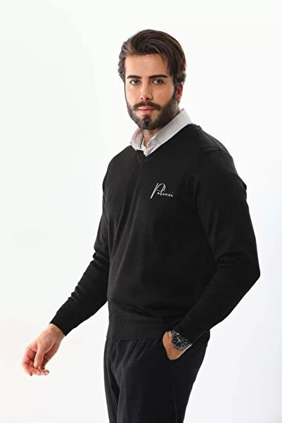 Kanonik Education Printed V-Neck Long Sleeve Woven Knitwear - Black