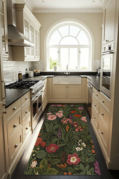 Etnik Dekor Botanik Çiçek Desenli Dijital Baskı Kaymaz Taban Makinede Kolay Y...