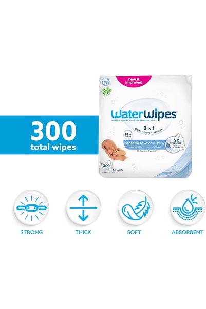 WaterWipes Sensitive+ Newborn & Baby Wipes, 3-In-1 Cleans, Cares, Protects, 99.9% Water, Unscented &