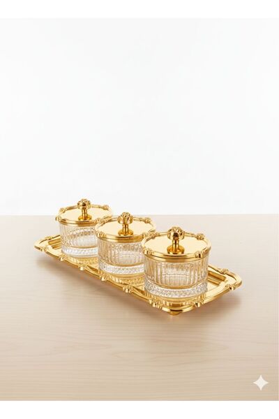 Turkco 3-Piece Crystal Glass Snack Bowl and Presentation Frame Baton Tray Set & Jam Bowl, Sugar Bowl, Dessert Bowl