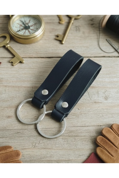 BSN Store 2 Real Leather Keychain Dark Navy Blue Genuine Leather Keychain Gift Keychain 2 Pieces
