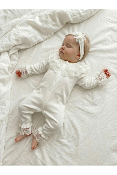 MONTİNA Minik Prenses Beyaz Dantelli Pamuk İnterlok Premium Bebek Tulum Ve Sa...