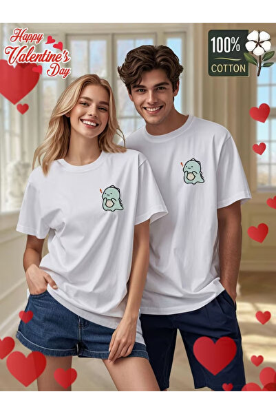 one button Cute Dinosaur Printed Matching Couple Lover Combination Basic Regu...