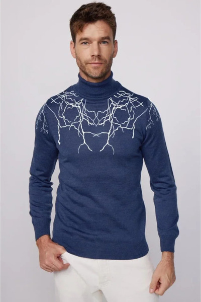 Kanonik Education Printed Full Throat Long Sleeve Woven Knitwear - Indigo