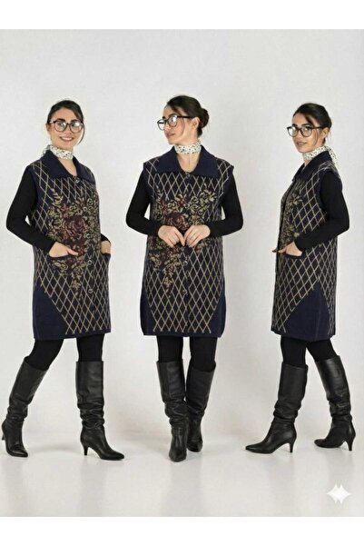 onno style women Classic Checked Rose Pattern Knitwear Collar Vest