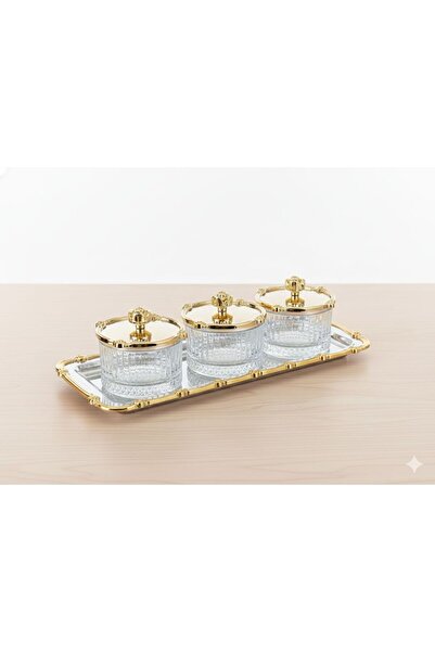 Turkco 3-Piece Crystal Glass Snack Bowl and Presentation Frame Baton Tray Set & Jam Bowl, Sugar Bowl, Dessert Bowl