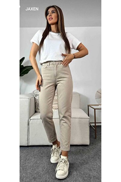 JAXEN A1149268 Дамски панталони с висока талия Mom Jeans Екру дънки Слим фит ...