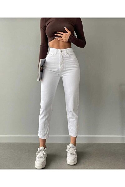 JAXEN A1149269 Women's White High Waist Mom Jeans Skinny Leg Denim Pants