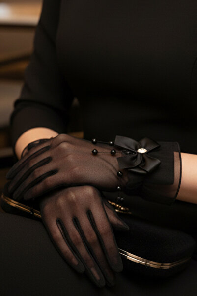 Limelia Hayal Tulle Bridal Gloves - Wedding Gloves with Pearl Branch and Crystal Stone Bow Detail