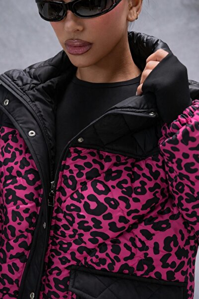 SERBA Черно дамско палто с леопардов принт