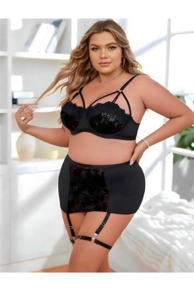 Genel Markalar Will Like Büyük Beden Siyah Dantel İşlemeli Dekolteli Jartiyer...