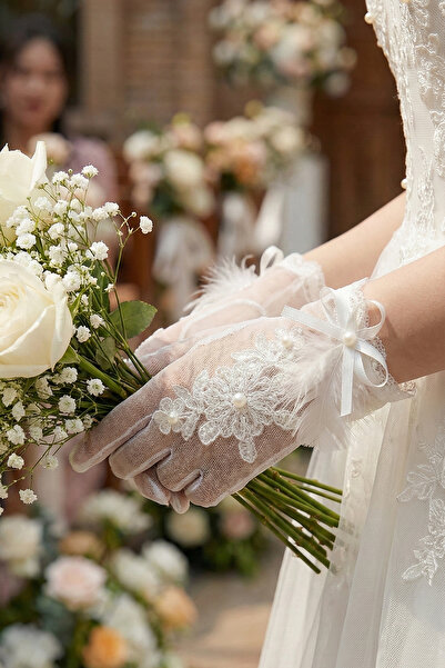 ESPEREST قفازات السهرة إيزابيلا السوداء ذات التفاصيل الدانتيلية واللؤلؤية