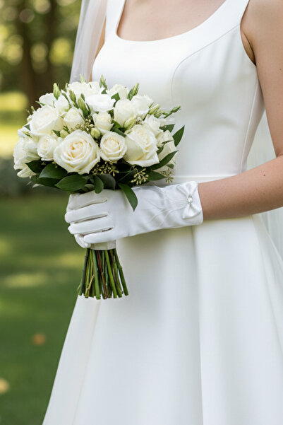 Limelia Satin Bridal Gloves - Short Wedding Gloves with Bow and Stone Detailing - Vintage Wedding Accessory