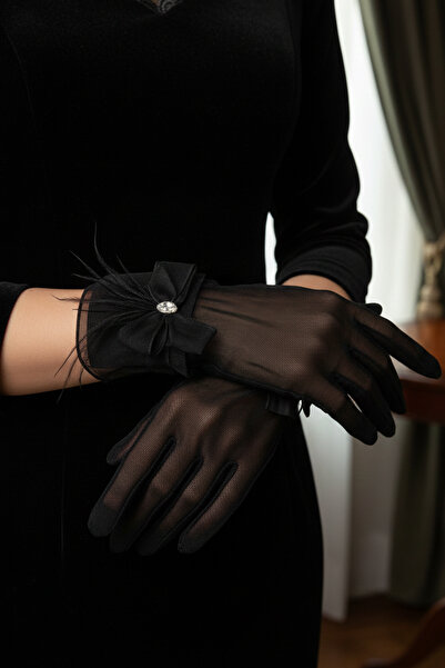 ESPEREST Tulle Bridal Gloves - Wedding Gloves with Tulle Bow and Marquise Sto...