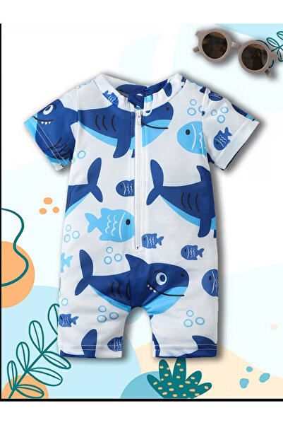 MODA Köpek balığı desenli kısa kollu bebek mayo tulum. Fermuarlı, esnek ve hı...