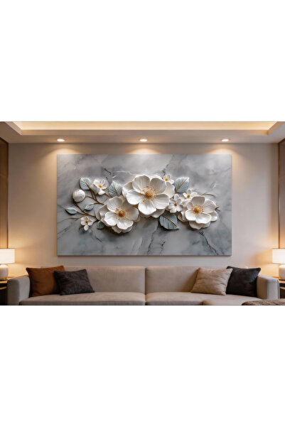 Lona Sanat Krem-Beyaz Kabartma Görünümlü Dekoratif Kanvas Duvar Tablo